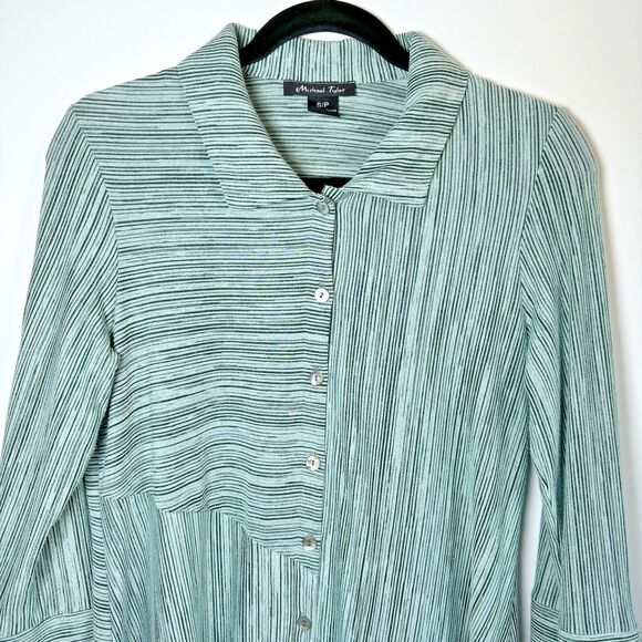 Michael Tyler Womens Small Green Striped Button Front Blouse Asymmetrical Hem - Picture 2 of 14